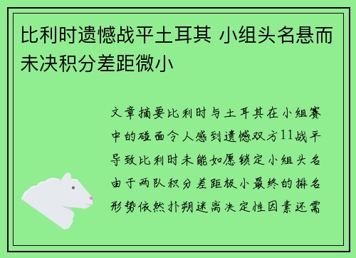 比利时遗憾战平土耳其 小组头名悬而未决积分差距微小