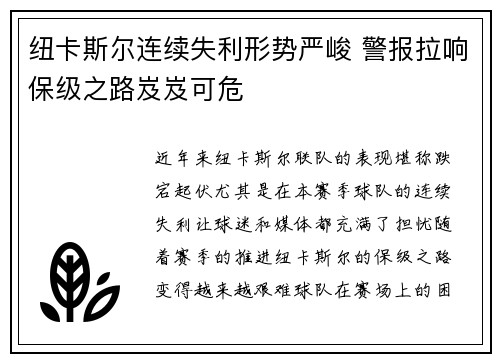 纽卡斯尔连续失利形势严峻 警报拉响保级之路岌岌可危