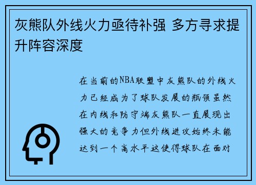 灰熊队外线火力亟待补强 多方寻求提升阵容深度