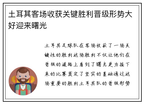 土耳其客场收获关键胜利晋级形势大好迎来曙光