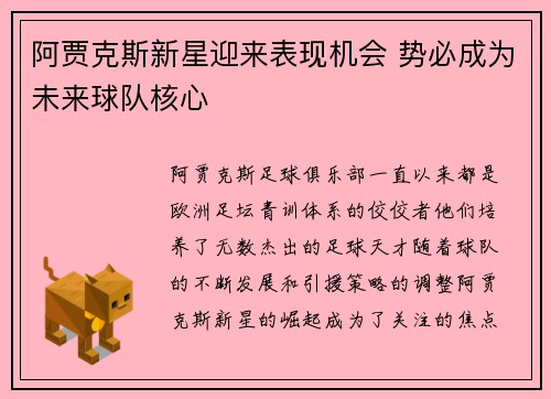 阿贾克斯新星迎来表现机会 势必成为未来球队核心