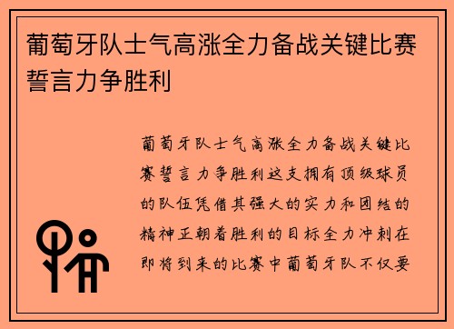 葡萄牙队士气高涨全力备战关键比赛誓言力争胜利