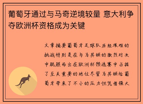 葡萄牙通过与马奇逆境较量 意大利争夺欧洲杯资格成为关键